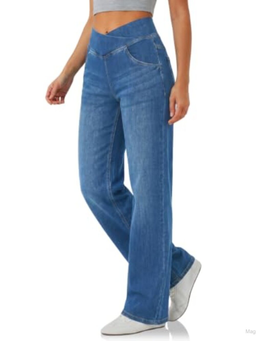Stretchy Crossover High Waist Wide Leg Jeans Pull On Denim